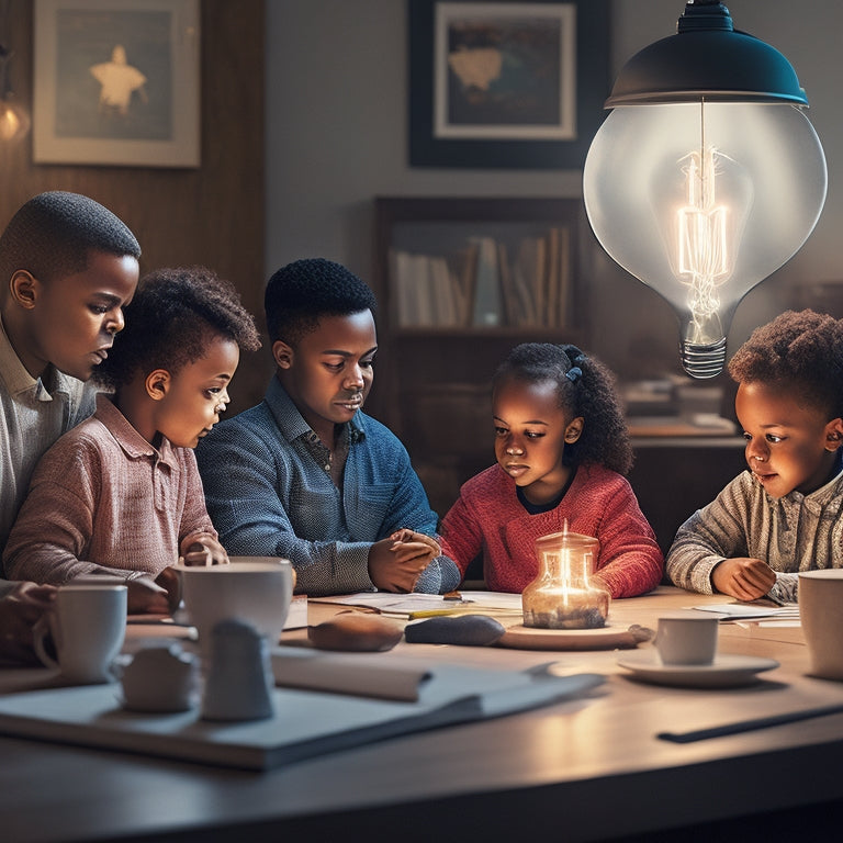 An illustration of a family sitting around a table, surrounded by educational materials, with each child's face illuminated by a unique lightbulb, symbolizing tailored learning approaches, amidst a warm and inviting homeschool setting.