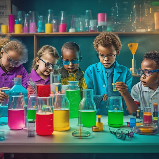 A colorful, cluttered laboratory table with various science equipment, beakers, test tubes, and a microscope, surrounded by curious kids in lab goggles, conducting experiments amidst a backdrop of colorful charts and diagrams.