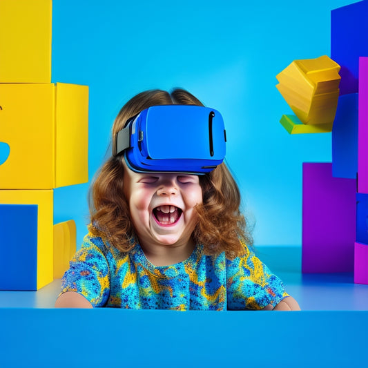 A smiling child with Down syndrome wearing a VR headset, surrounded by floating educational blocks and vibrant, swirling shapes, with a subtle, gradient blue background representing limitless possibilities.