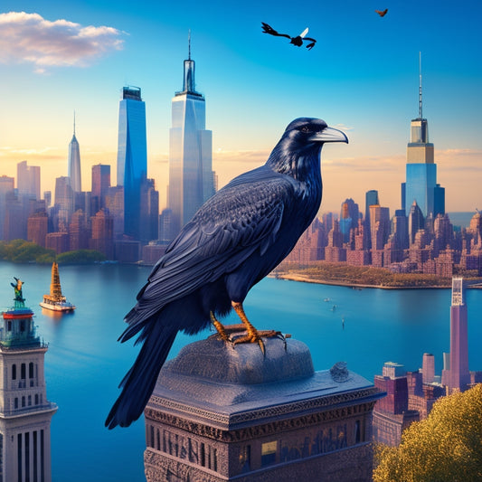 A whimsical illustration of a raven perched atop a NYC landmark like the Statue of Liberty or Brooklyn Bridge, surrounded by floating family photos and NYC streetscape elements.