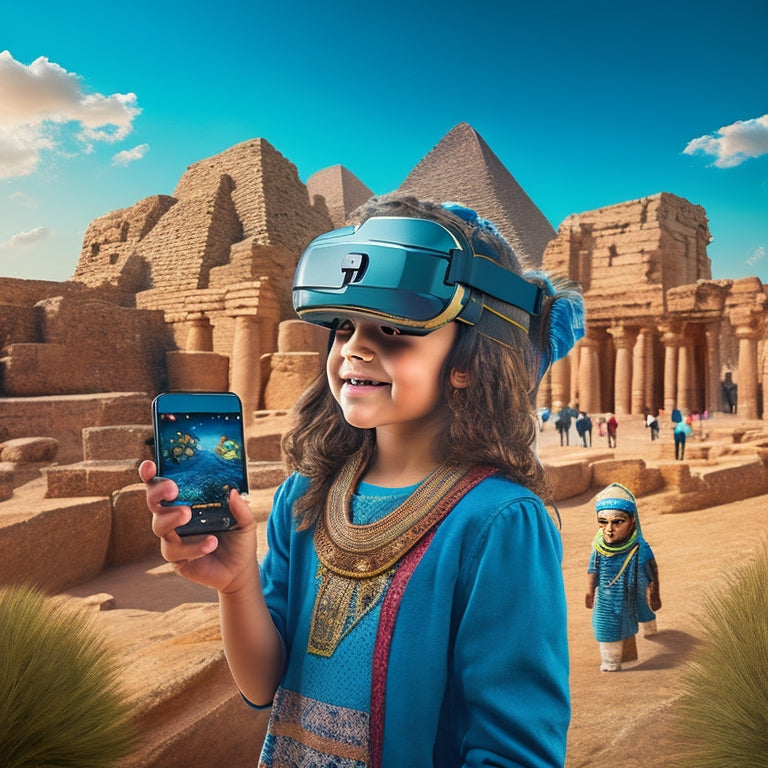 A colorful illustration of a young girl wearing a virtual reality headset, surrounded by ancient Egyptian pyramids, Roman ruins, and a medieval castle, with interactive gadgets and devices scattered around her.