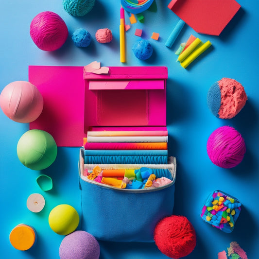 A colorful, clutter-free background with a toddler's hands holding a busy binder, surrounded by scattered toys, playdough, and sensory balls, with a few ripped-out binder pages and crayons strewn about.