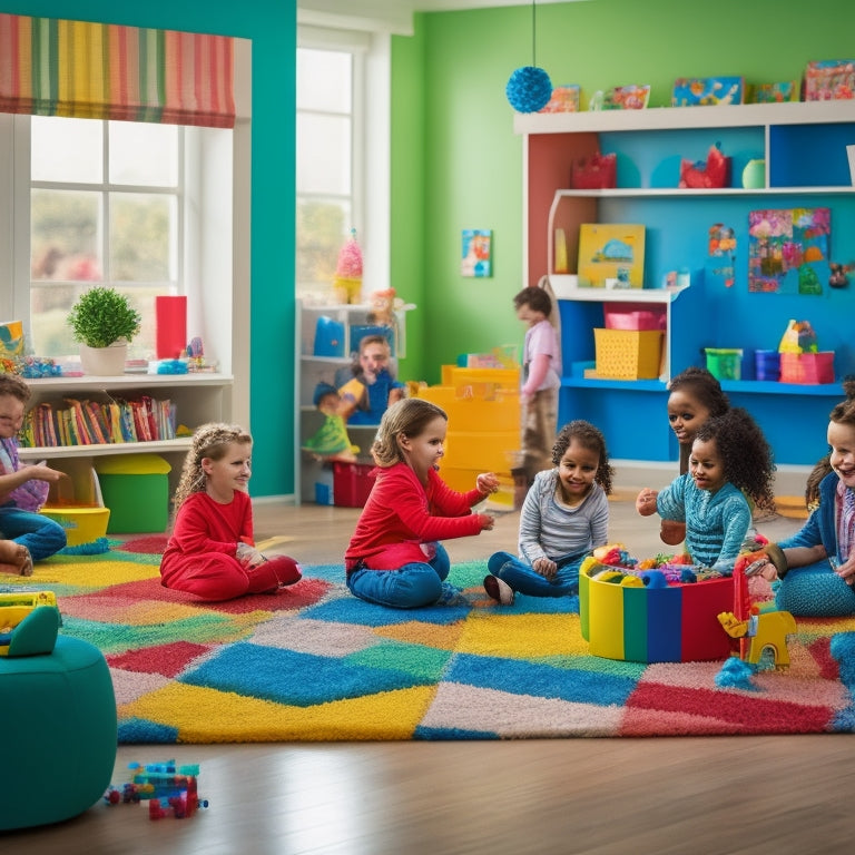 A colorful, clutter-free playroom with a diverse group of happy children aged 4-10 engaged with various educational toys and devices, surrounded by learning materials and fun, interactive screens.