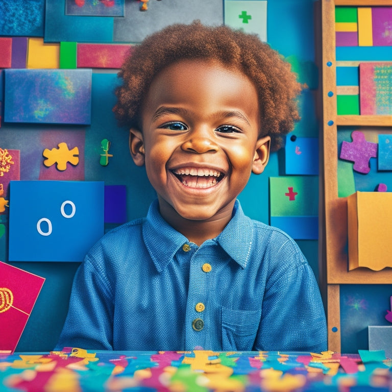 A colorful illustration featuring a smiling elementary-aged child surrounded by puzzle pieces, math symbols, and brain teasers, with a subtle background of a chalkboard or graph paper.