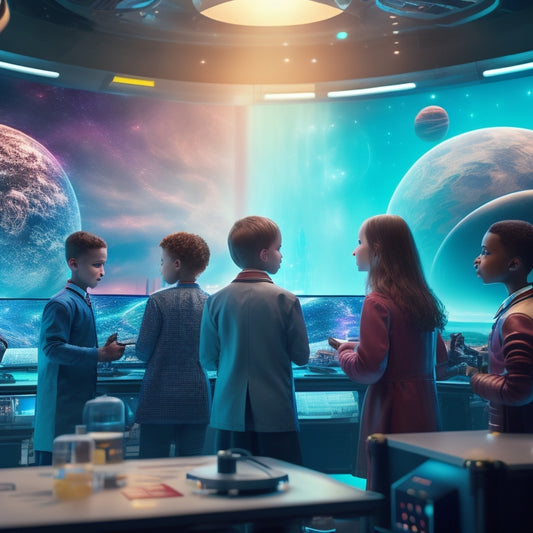 A vibrant, futuristic laboratory scene with multiple screens displaying various educational science video games, surrounded by curious students and robots, amidst a backdrop of orbiting planets and swirling molecules.