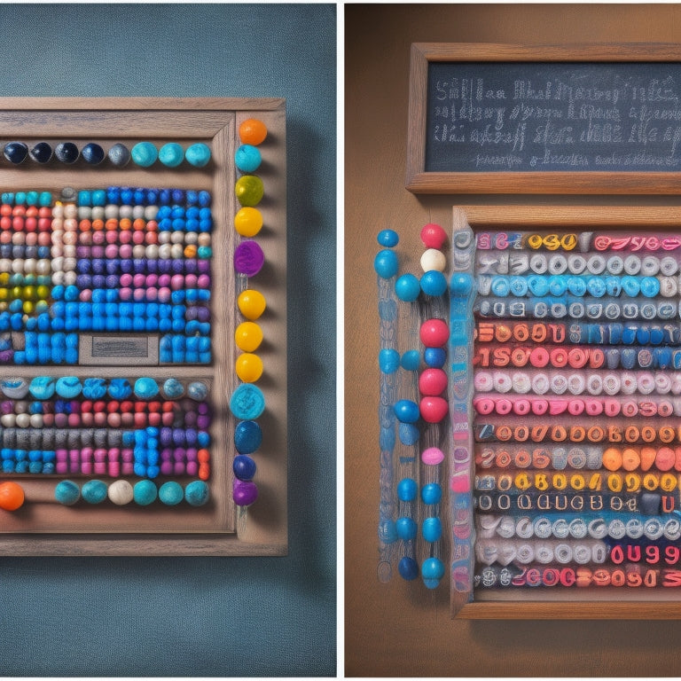A split-screen image featuring a stylized, colorful abacus on one side and a miniature chalkboard with swirling math symbols and shapes on the other, surrounded by tiny pencils and a subtle grid background.