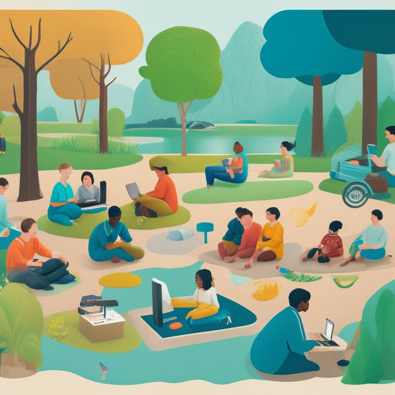 A serene, minimalist illustration featuring a diverse group of autistic students engaged in virtual learning activities, surrounded by calming nature elements and assistive technology devices.