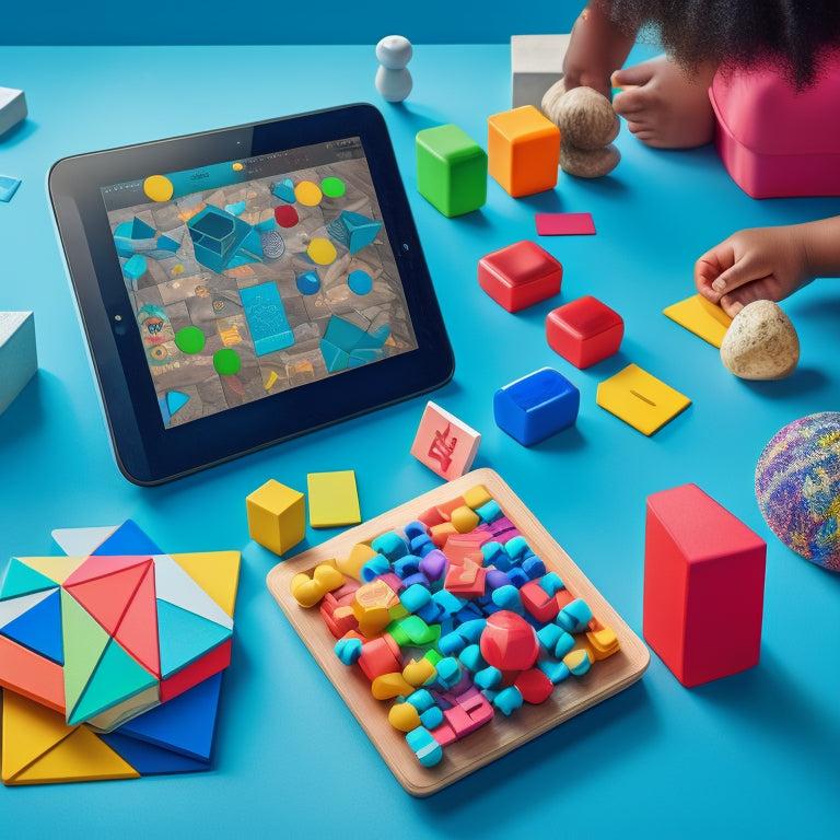 A colorful, clutter-free illustration of a tablet screen displaying various virtual math manipulatives, including 3D shapes, pattern blocks, and a geometric puzzle, surrounded by curious, diverse children's hands.