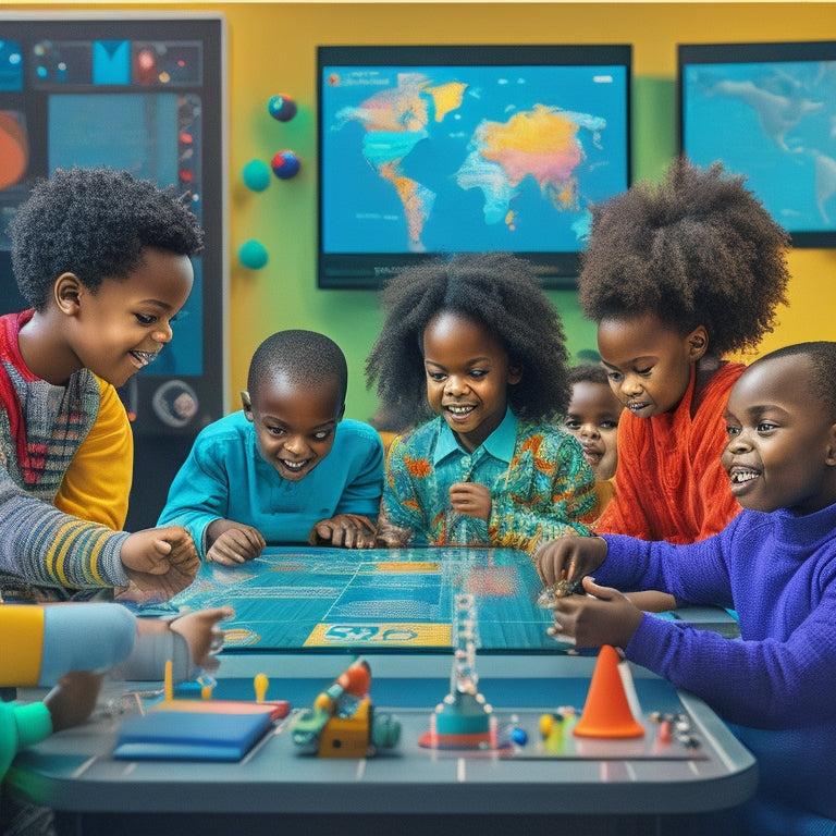 A colorful illustration of diverse children aged 6-12 gathered around a large, interactive touchscreen table, surrounded by science equipment, robots, and mathematical symbols, with joyful expressions.