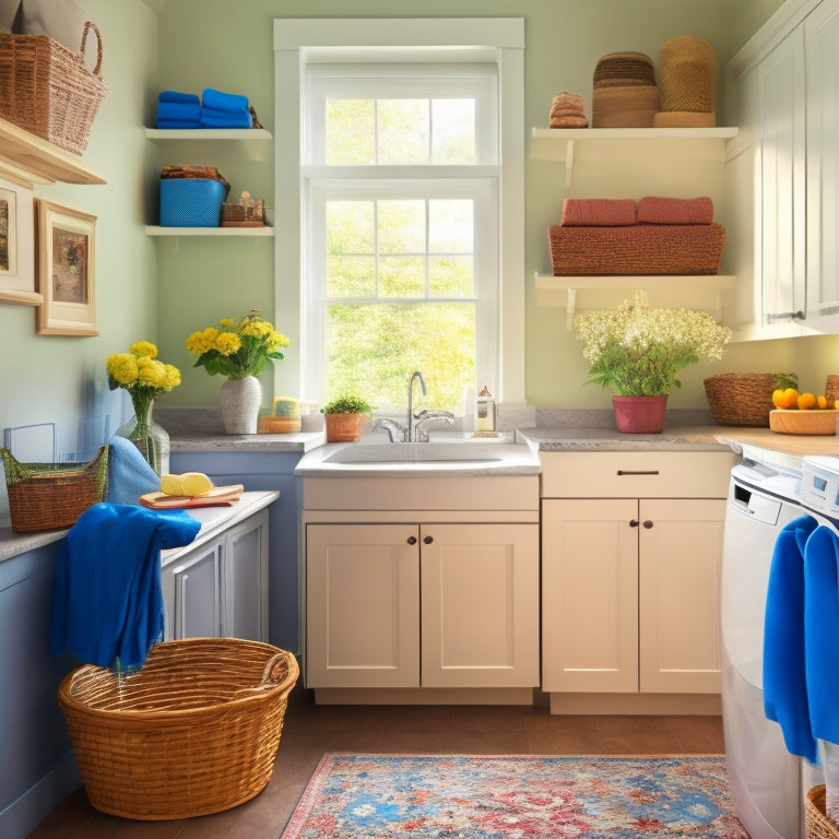 A bright, organized laundry room with a few open cabinets revealing neatly stacked cleaning supplies, a few fresh flowers on the counter, and a sparkling clean floor.