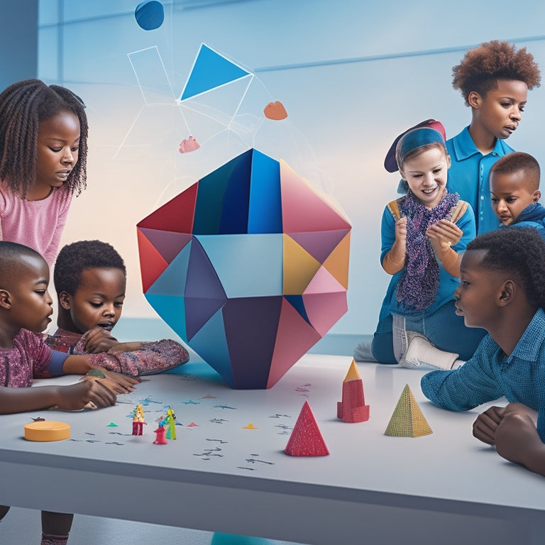 A colorful illustration of diverse students aged 6-12 gathered around a futuristic interactive whiteboard, surrounded by 3D shapes, graphs, and puzzles, with virtual math manipulatives floating in mid-air.