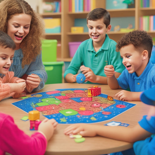 A colorful illustration of 3rd-grade students gathered around a table, engaged in various math games, such as a board game, puzzles, and cards, with excited facial expressions and gestures.