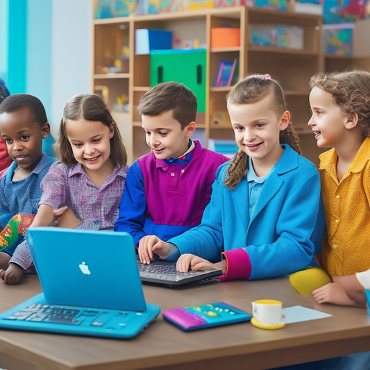 An illustration of a diverse group of children with special needs using tablets and laptops, surrounded by colorful learning aids and assistive technology devices, in a bright and inclusive classroom setting.