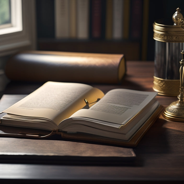 A majestic, old, leather-bound book with golden locks and a subtle glow, placed on a sleek, modern, minimalist desk, surrounded by scattered papers and a few sleek, silver pens.