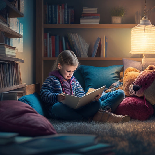 An illustration of a child sitting comfortably in a cozy reading nook, surrounded by glowing tablets, e-readers, and laptops, with books and bookmarks scattered around, amidst a soft, warm, and inviting lighting.