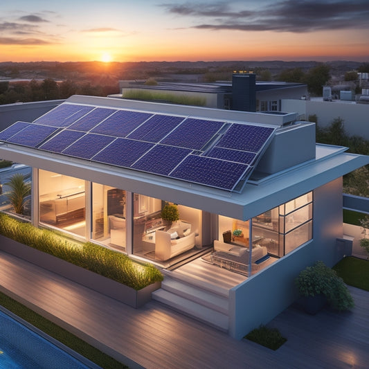 A futuristic, sleek, and modern illustration of a residential rooftop with a series of Enphase IQ batteries and solar panels seamlessly integrated, with subtle neon accents highlighting the innovative technology.