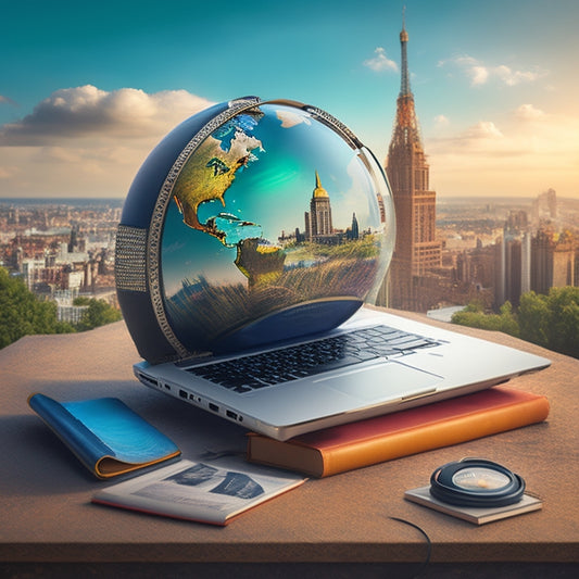 A whimsical illustration of a laptop surrounded by floating books, headphones, and a globe, with a subtle background of cityscapes and clouds, conveying a sense of online learning and exploration.