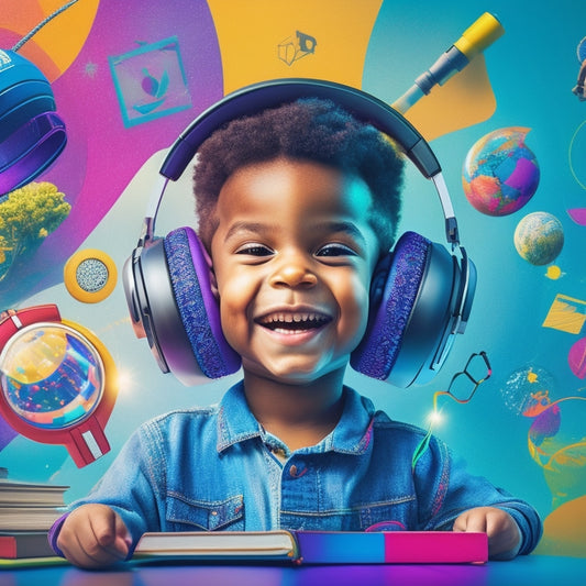 A colorful illustration of a happy child wearing headphones, surrounded by floating icons of educational subjects (e.g., globe, microscope, book, robot) and colorful sound waves emanating from their ears.