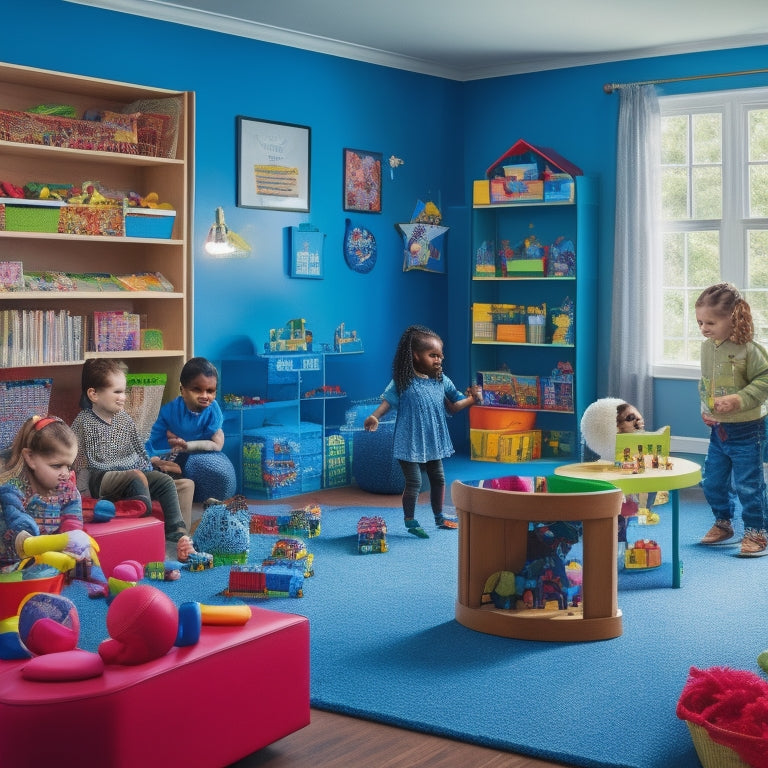 A clutter-free, well-lit playroom with a diverse group of children (ages 4-8) engaged in various educational activities, surrounded by colorful, organized toy shelves and learning materials.