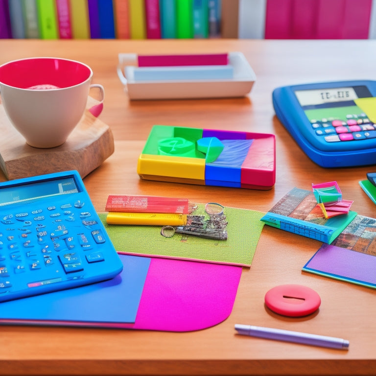 A colorful, organized desk with a smiling parent surrounded by various math resources: a calculator, geometry shapes, a math textbook, and a tablet with a digital worksheet open.