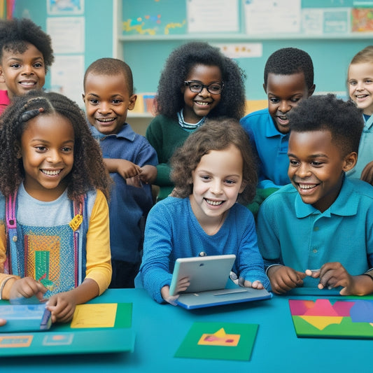 An illustration of a diverse group of happy children with special needs, each engaged with a tablet or laptop, surrounded by colorful math-related icons and shapes, in a bright and inclusive classroom setting.