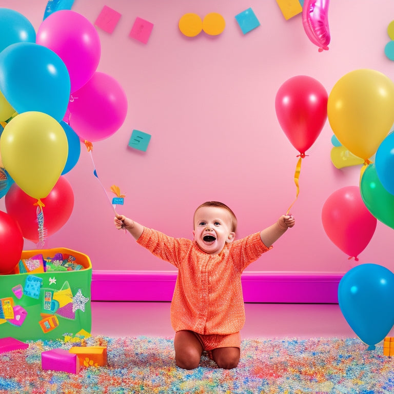 A colorful illustration of a joyful preschooler surrounded by various math tools, such as shape-sorting toys, number lines, and counting blocks, with confetti and balloons in the background.