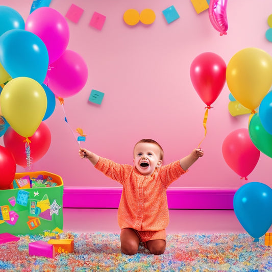A colorful illustration of a joyful preschooler surrounded by various math tools, such as shape-sorting toys, number lines, and counting blocks, with confetti and balloons in the background.