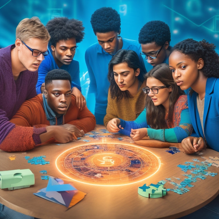 A diverse group of students, each with unique abilities and devices, surrounded by swirling math symbols and graphs, with puzzle pieces fitting together to form a complete picture in the background.