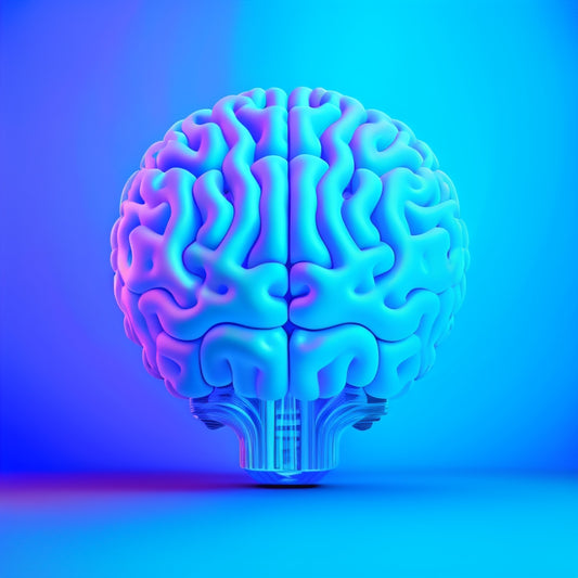 A futuristic, minimalistic illustration of a brain surrounded by swirling shapes and patterns, with puzzle pieces, gears, and lightbulbs emerging from it, set against a gradient blue background.