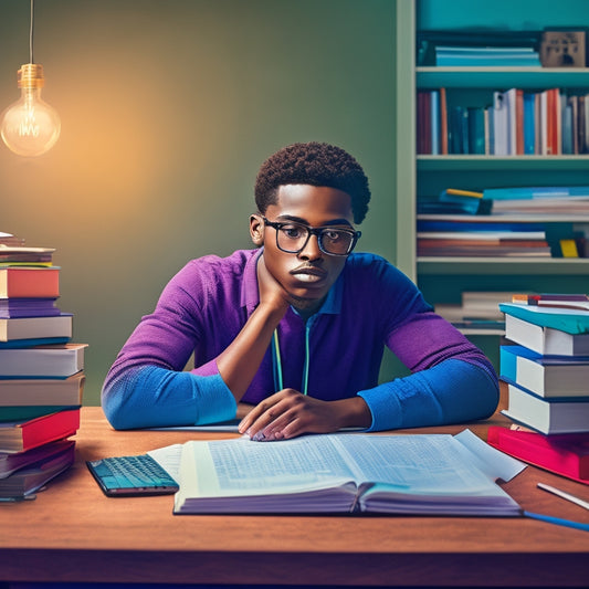 An illustration of a college student sitting in front of a laptop, surrounded by scattered math textbooks and notes, with a thought bubble above their head containing a puzzle piece fitting into place.