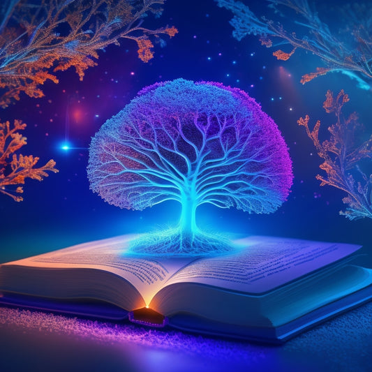 A vibrant, 3D mind map bursts out of a cracked open book, with glowing neurons, colorful threads, and swirling shapes, set against a dark blue background with subtle, shimmering starlight.