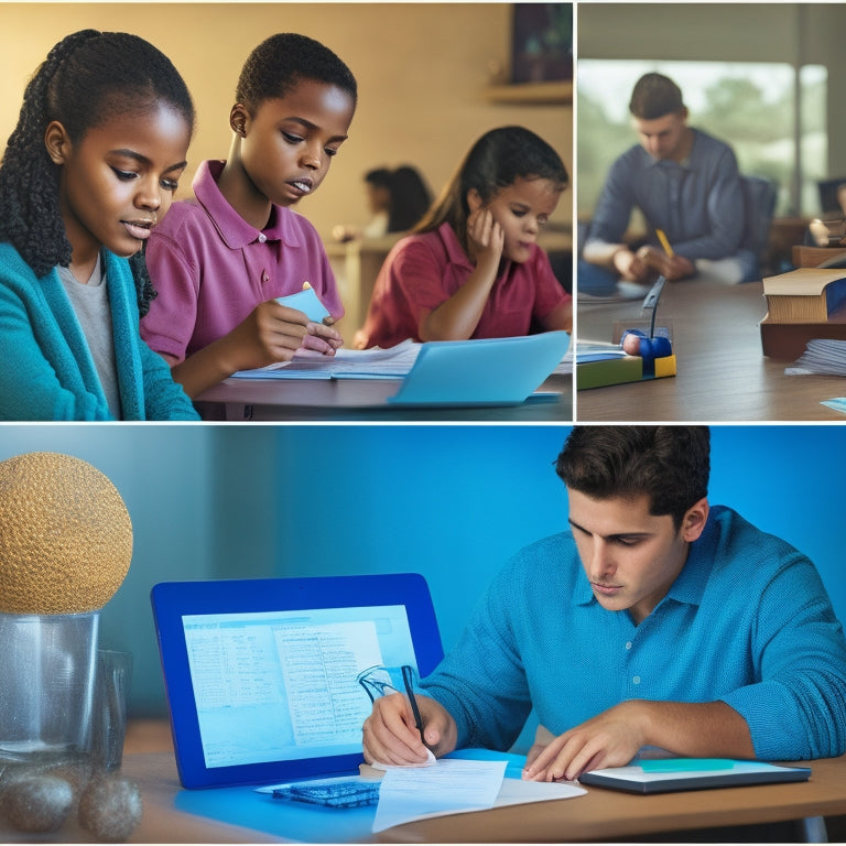A split-screen image featuring a student sitting at a desk surrounded by math textbooks and worksheets on one side, and a tablet or smartphone displaying various math homework help apps on the other.