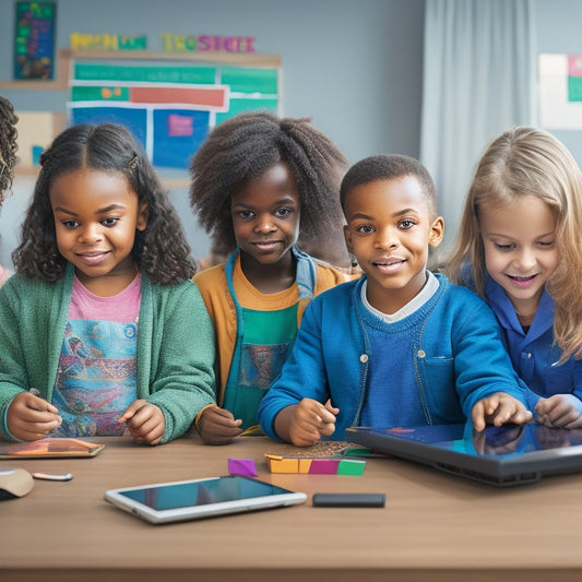 An illustration of a diverse group of children with special needs using various digital tools, such as tablets, laptops, and assistive devices, in a colorful, inclusive classroom setting.