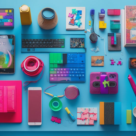 Illustrate a colorful, clutter-free desk with a tablet and headphones, surrounded by puzzle pieces, building blocks, and a few favorite books, conveying a sense of fun, organization, and learning.