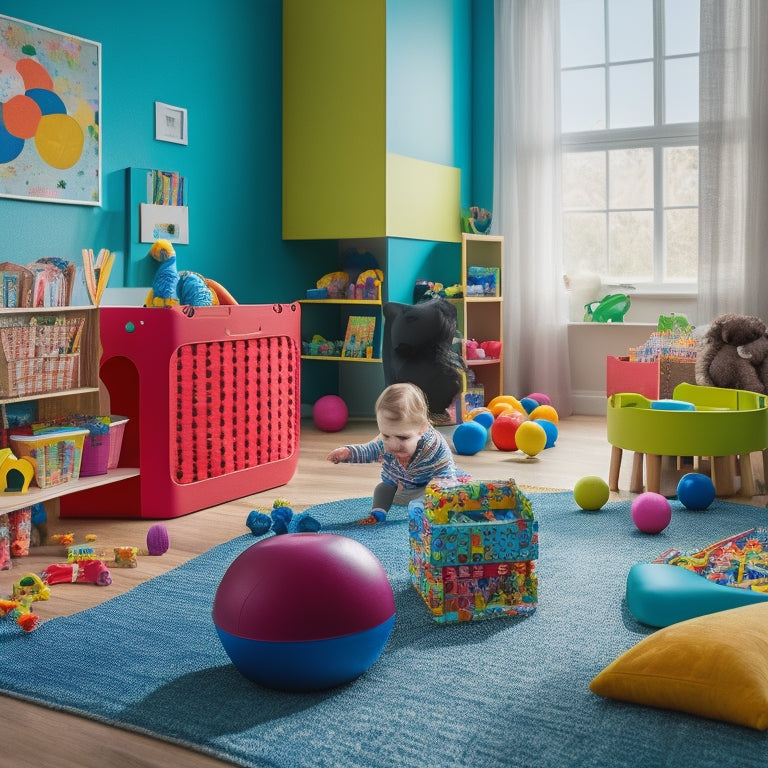 A colorful, clutter-free playroom with a 1-year-old surrounded by various educational toys, including a shape sorter, stacking cups, and a sensory ball pit, amidst a warm, natural light-filled atmosphere.