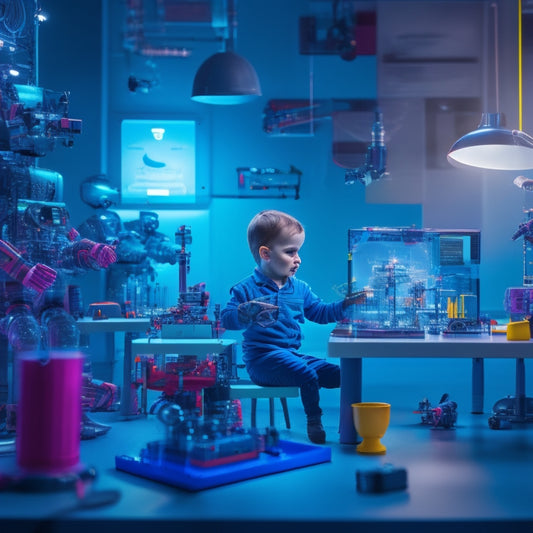 A vibrant, futuristic laboratory setting with various electronic toys and gadgets scattered around, featuring a curious child in the center, surrounded by robotic arms, microscopes, and LED screens.