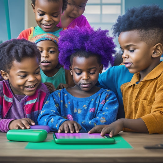 A colorful illustration of a diverse group of children with special needs, each engaged with a tablet, showcasing varying math activities, with assistive technology and visual aids surrounding them.