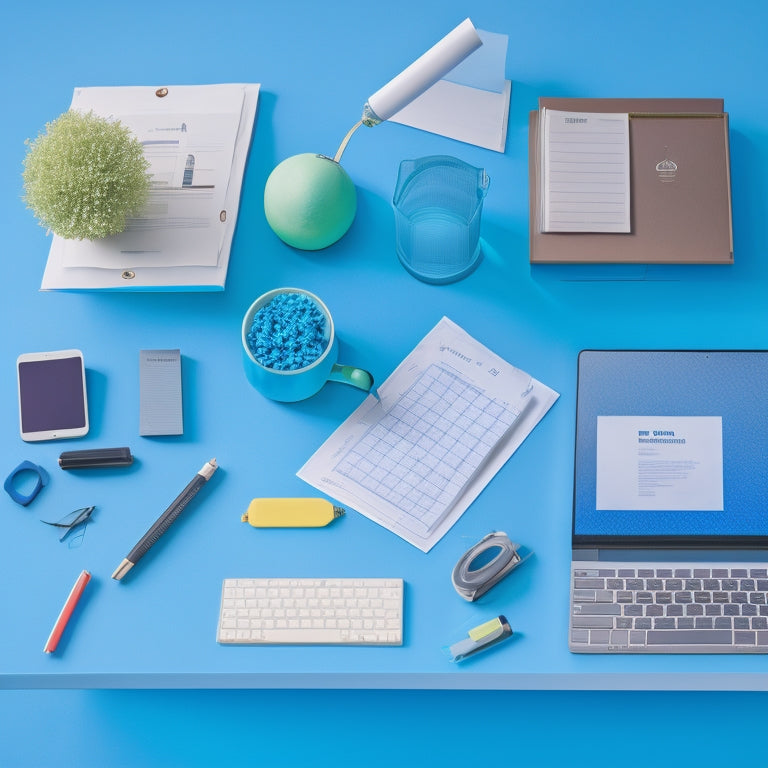 A vibrant, clutter-free desk with a laptop open to a SAT practice test, surrounded by pens, a timer, and a few crumpled up practice sheets, set against a subtle, gradient blue background.