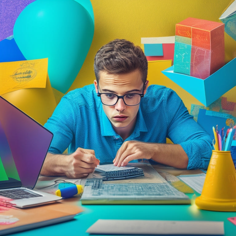 A colorful illustration of a puzzled student surrounded by scattered math papers, with a laptop in front of them displaying a math problem being solved step-by-step on the screen.