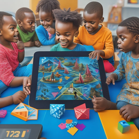 A colorful illustration of a tablet screen displaying a math-based educational game, surrounded by excited, diverse children with tablets and laptops, amidst a backdrop of geometric shapes and numerical patterns.