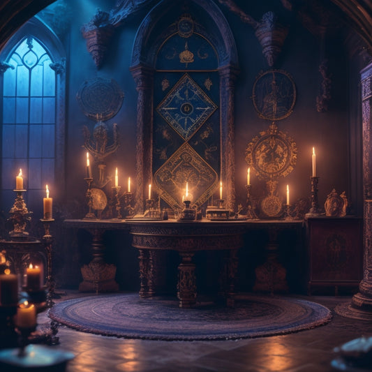 A dimly lit, ornate chamber with mysterious symbols etched into the walls, surrounded by tarot cards, crystals, and ancient tomes, with a faint, ethereal glow emanating from the center.