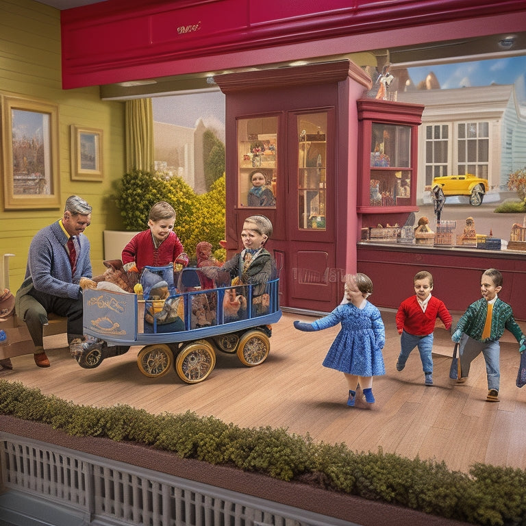 A warm, inviting illustration depicting a miniature replica of Mr. Rogers' Neighborhood set inside a children's museum, complete with a tiny trolley, a cardigan-clad Mr. Rogers figurine, and curious kids playing in the background.