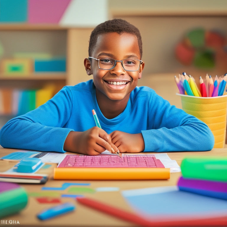 A colorful illustration of a smiling sixth-grade student sitting at a desk, surrounded by worksheets, pencils, and a calculator, with a subtle background of math-related icons and symbols.