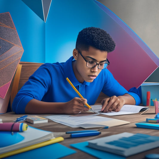 A colorful illustration of a high school student sitting at a desk, surrounded by math textbooks, pencils, and worksheets, with a subtle background of geometric shapes and equations.