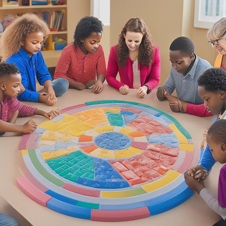 A diverse group of students of varying ages, abilities, and cultural backgrounds gathered around a large, circular table, engaged in a collaborative math problem-solving activity, surrounded by vibrant colored blocks, shapes, and graphs.