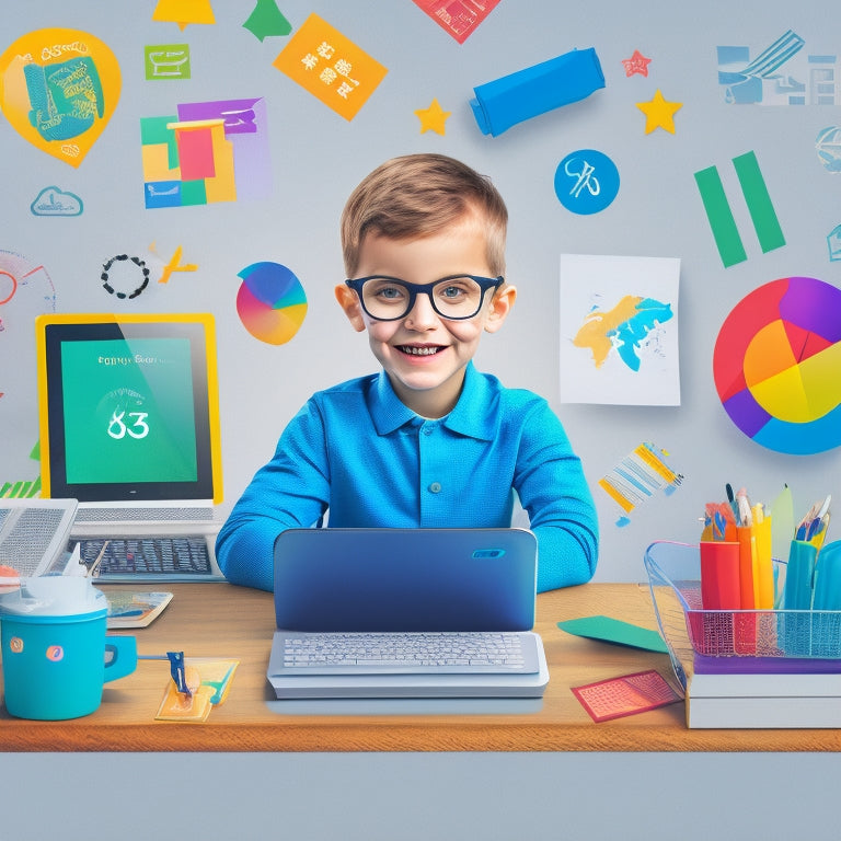 A colorful illustration of a cheerful, cartoon kid sitting at a desk, surrounded by floating math symbols (+, -, x, /) and digital devices (tablets, laptops), with a subtle background of educational charts and graphs.