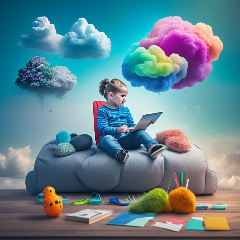 A colorful illustration of a dyslexic child sitting comfortably at a desk, surrounded by digital devices, with thought bubbles containing moving letters and shapes, amidst a calming background of gentle, swirling clouds.