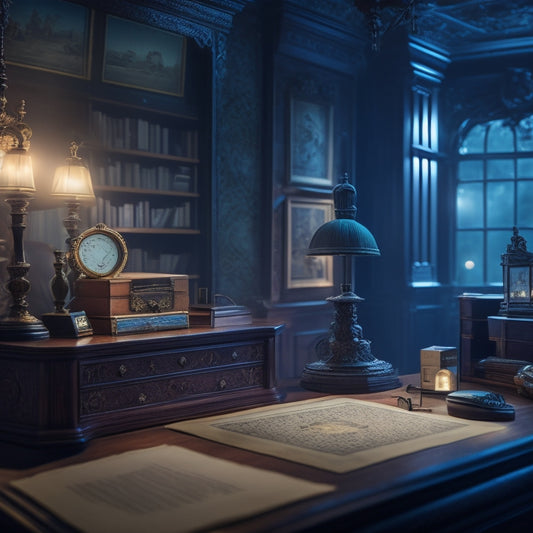 A dimly lit, mysterious mansion with a flashlight beam shining on a vintage-style detective's desk, surrounded by scattered clues, magnifying glasses, and a few Nancy Drew game boxes in the shadows.