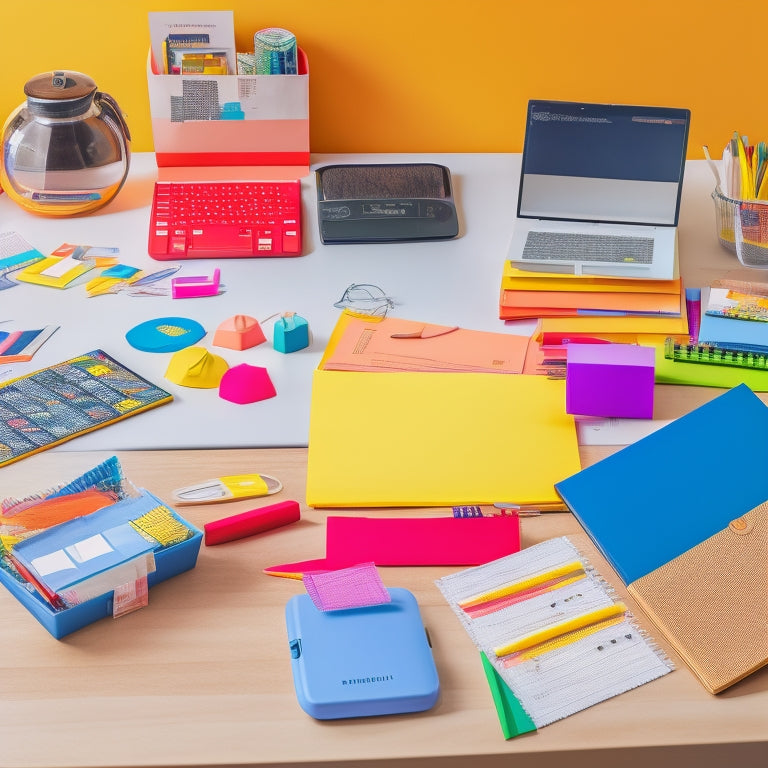 A colorful, organized workspace with a teacher's desk, laptop, and tablet surrounded by scattered worksheets, pencils, and paper clips, with a subtle background of a classroom or school supplies.