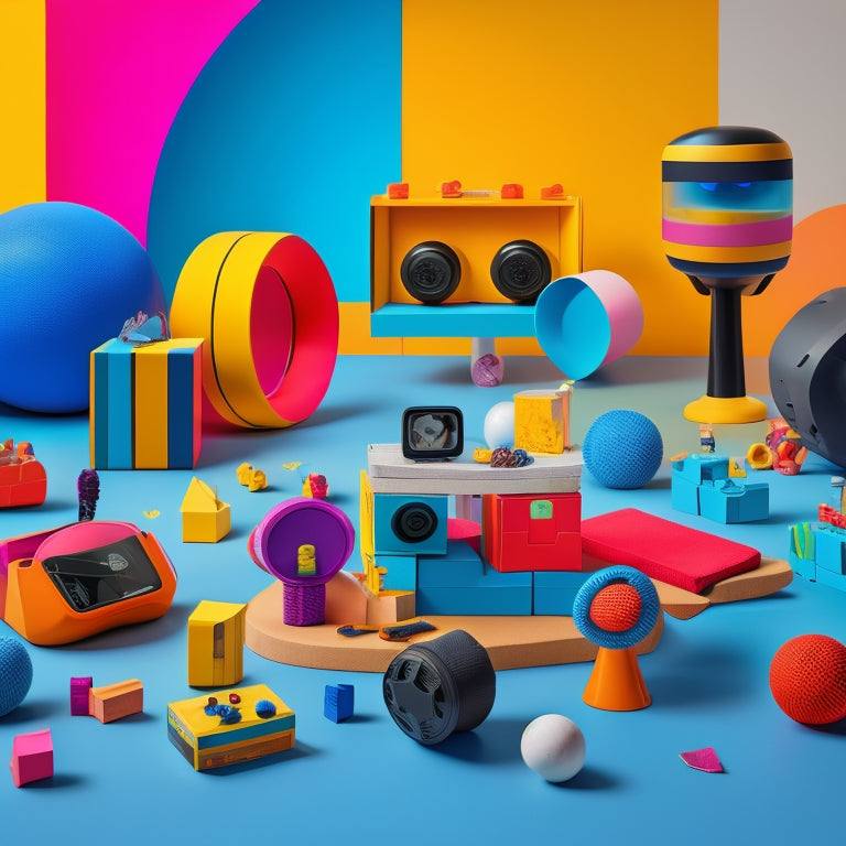 A colorful, minimalist background with 7 kid-friendly VR headsets and controllers arranged in a circular pattern, surrounded by scattered toys, blocks, and educational props.